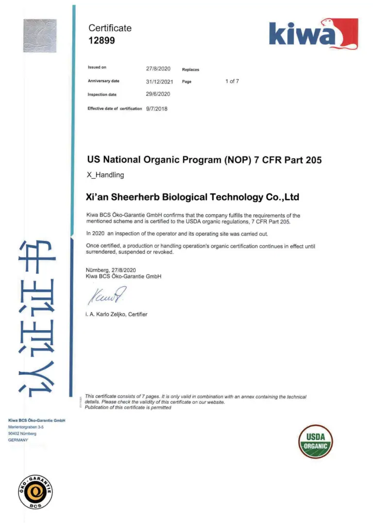 USDA organic certificate scan
